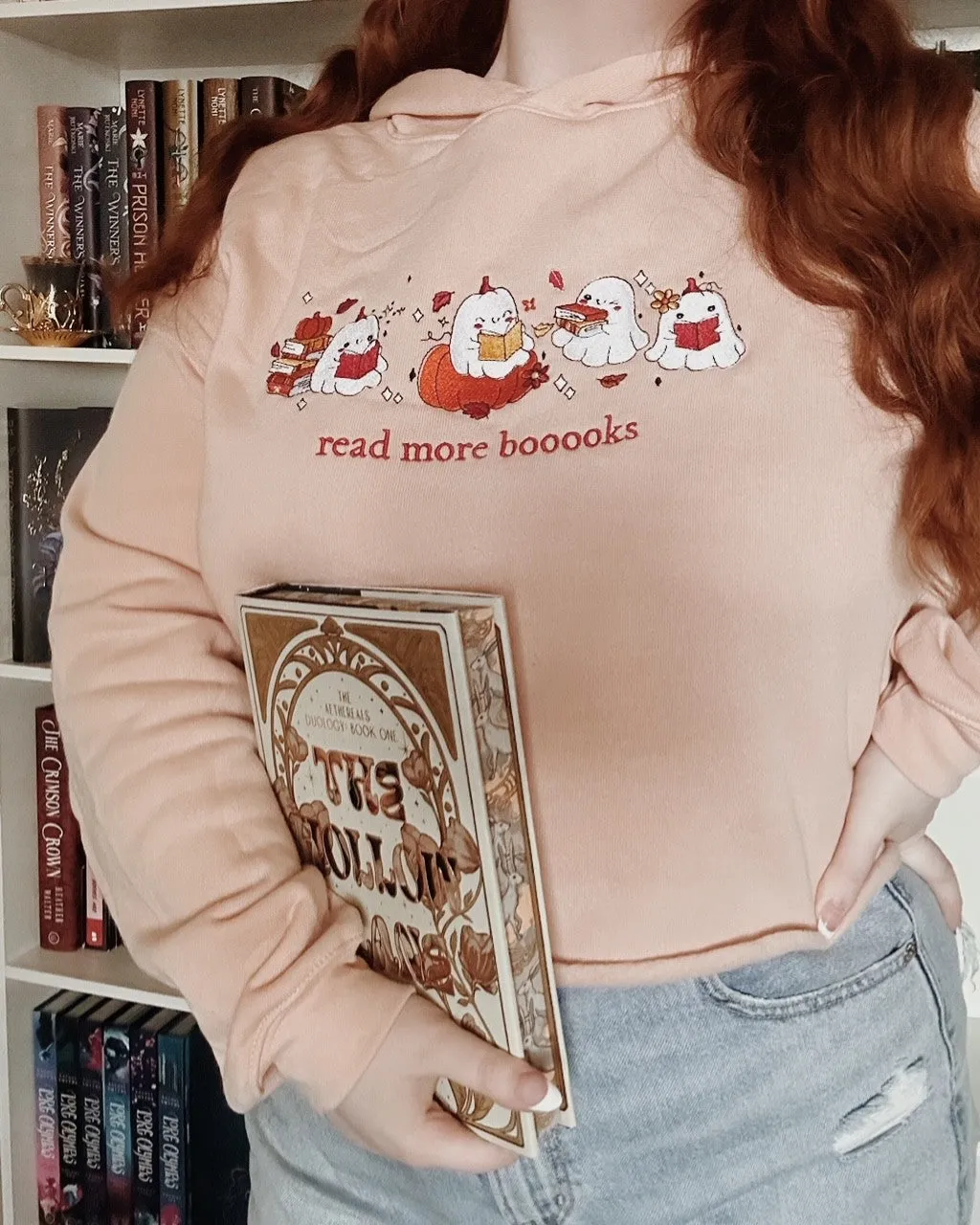 Embroidered Read More Books Ghost Crop Hoodie