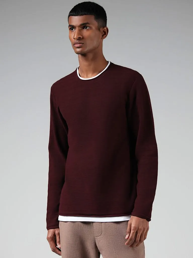 ETA Maroon Self Striped Slim-Fit T-Shirt