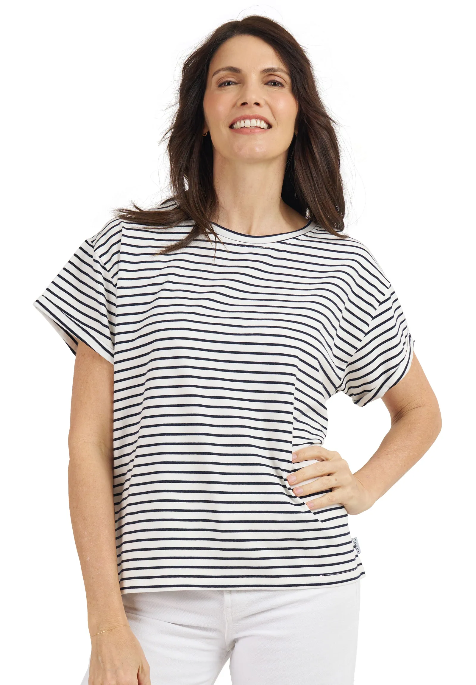 Francy-Cotton Black Stripes Rolled Sleeve T-Shirt