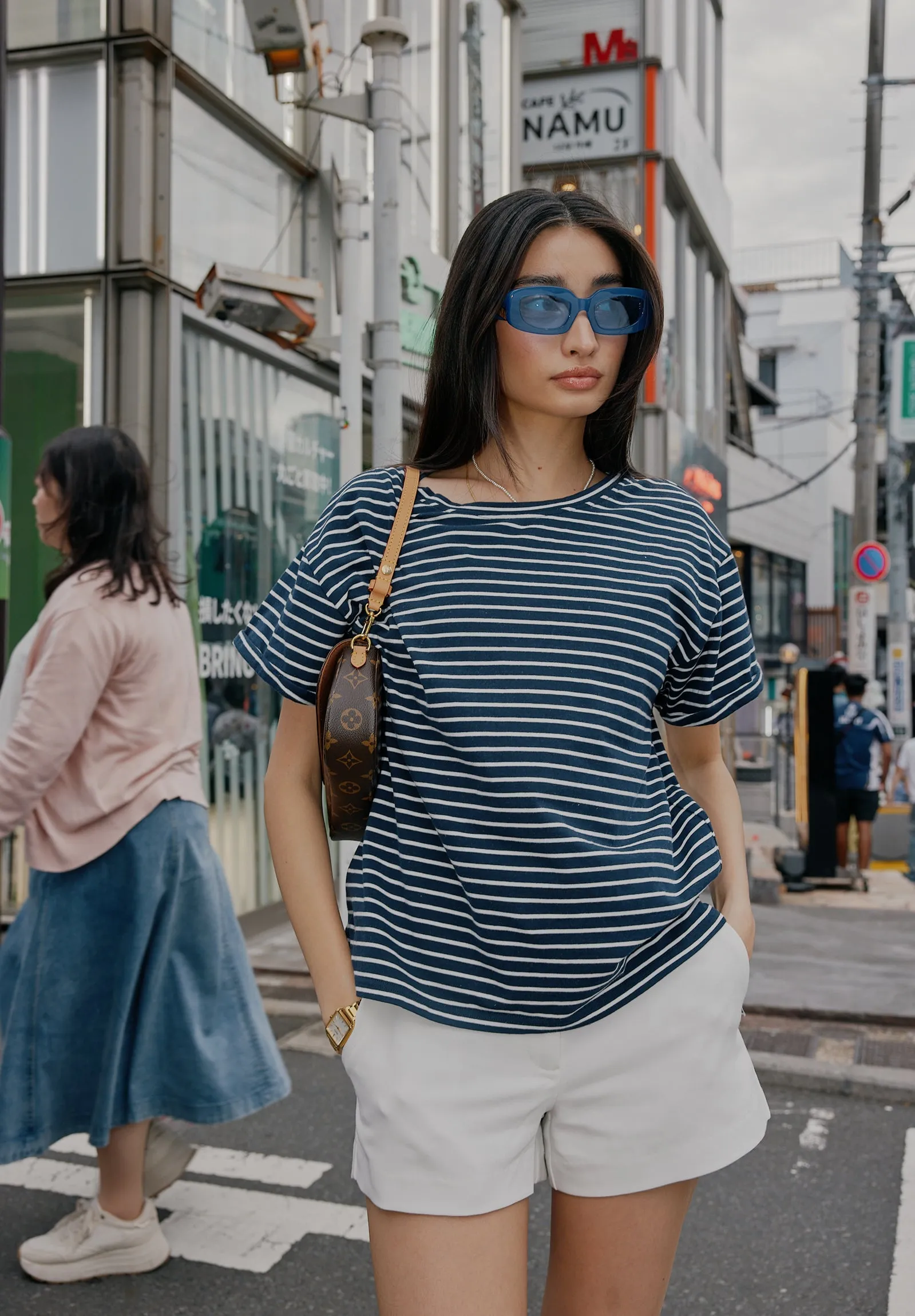 Francy-Cotton  Navy Stripes Rolled Sleeve T-Shirt