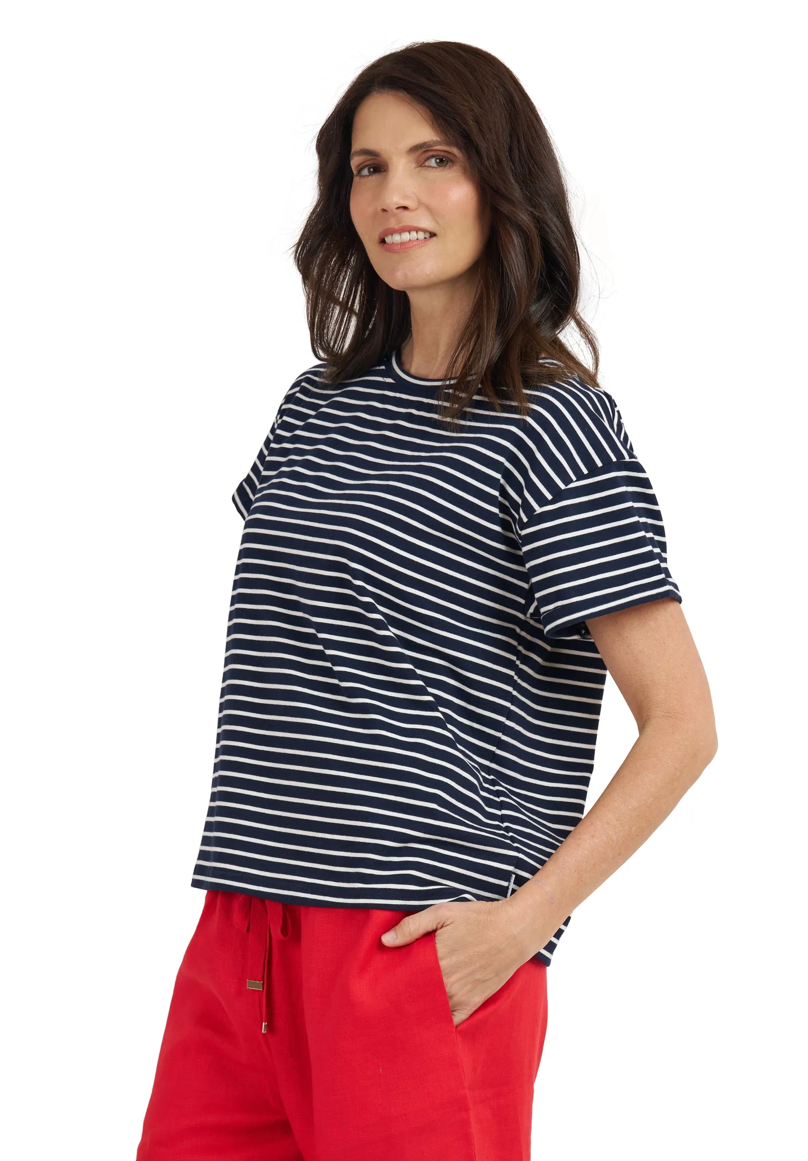 Francy-Cotton  Navy Stripes Rolled Sleeve T-Shirt