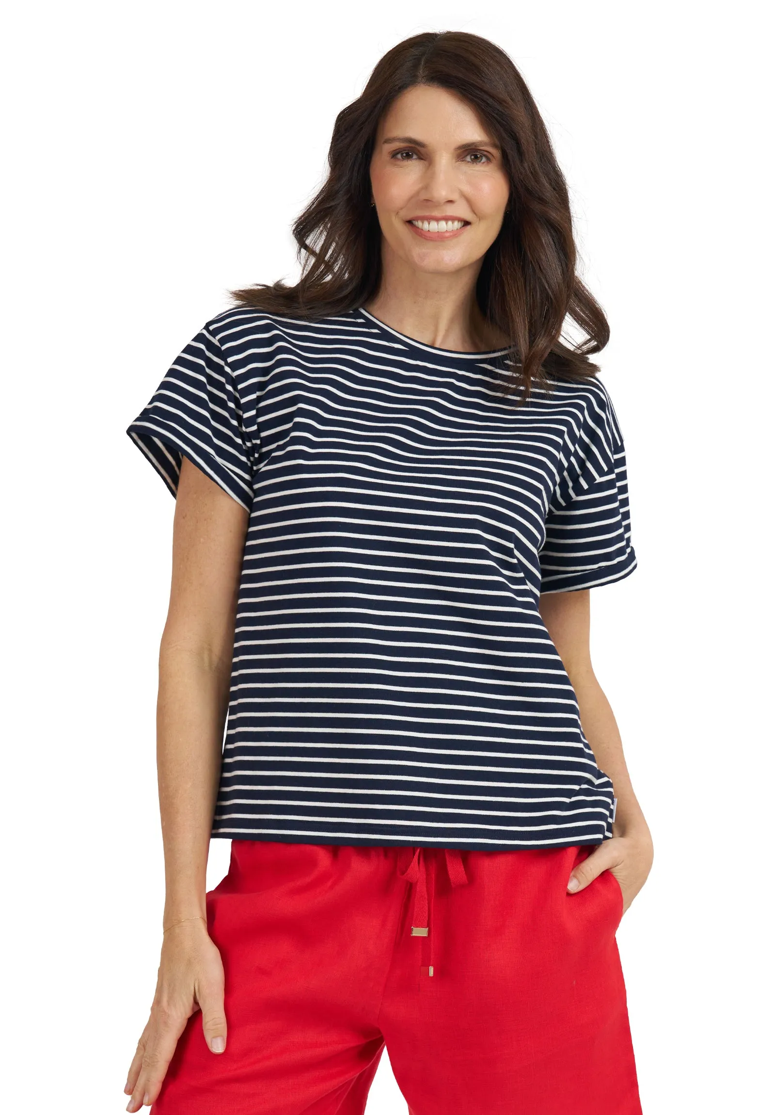 Francy-Cotton  Navy Stripes Rolled Sleeve T-Shirt