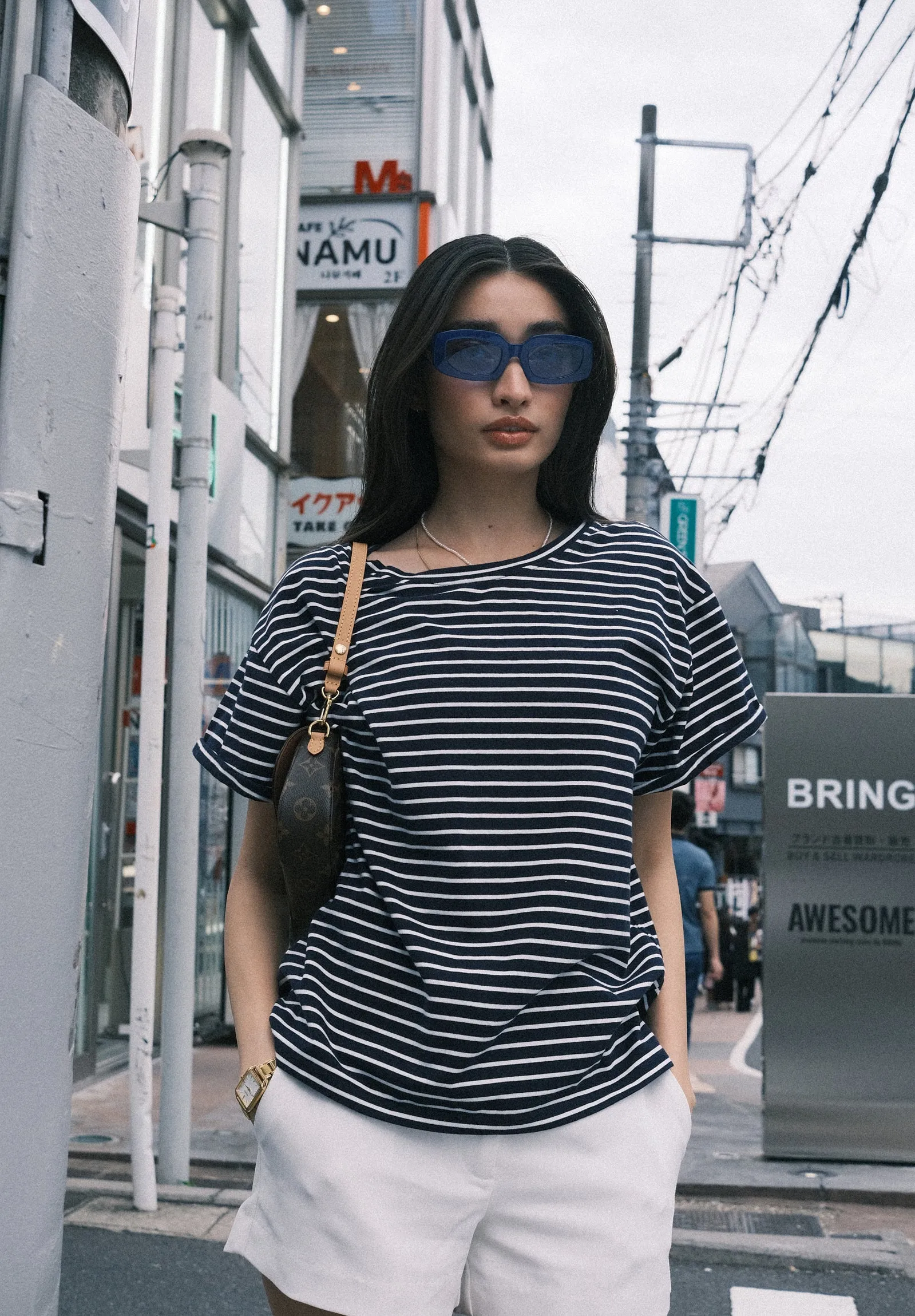 Francy-Cotton  Navy Stripes Rolled Sleeve T-Shirt