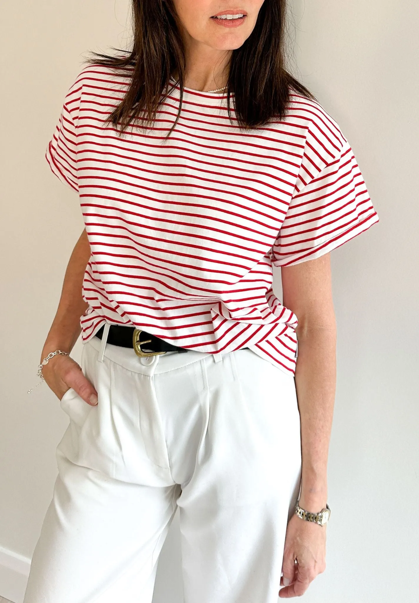 Francy-Cotton Red Stripes Rolled Sleeve T-Shirt