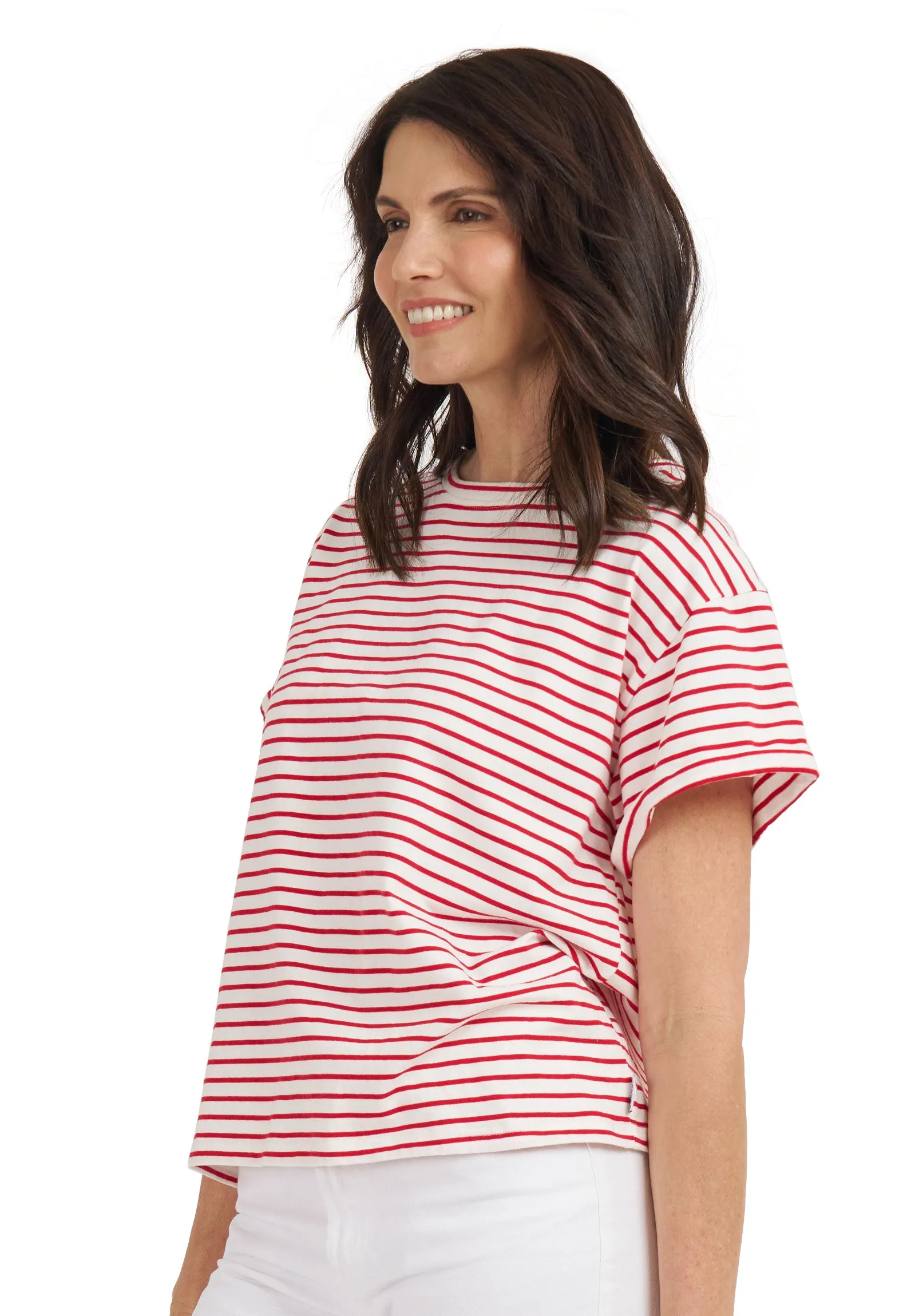 Francy-Cotton Red Stripes Rolled Sleeve T-Shirt