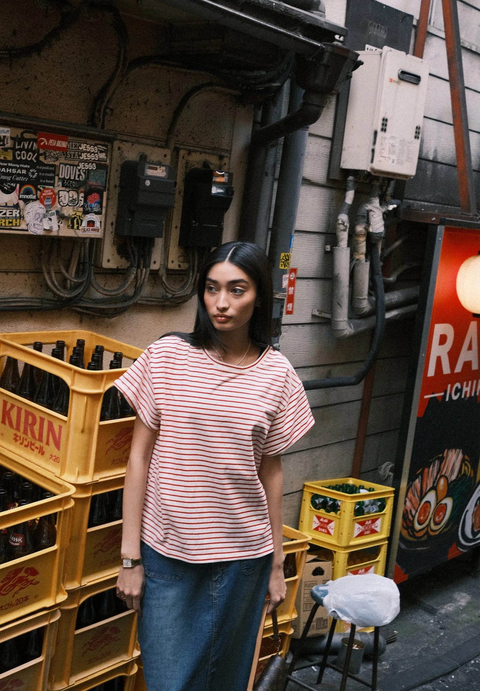 Francy-Cotton Red Stripes Rolled Sleeve T-Shirt