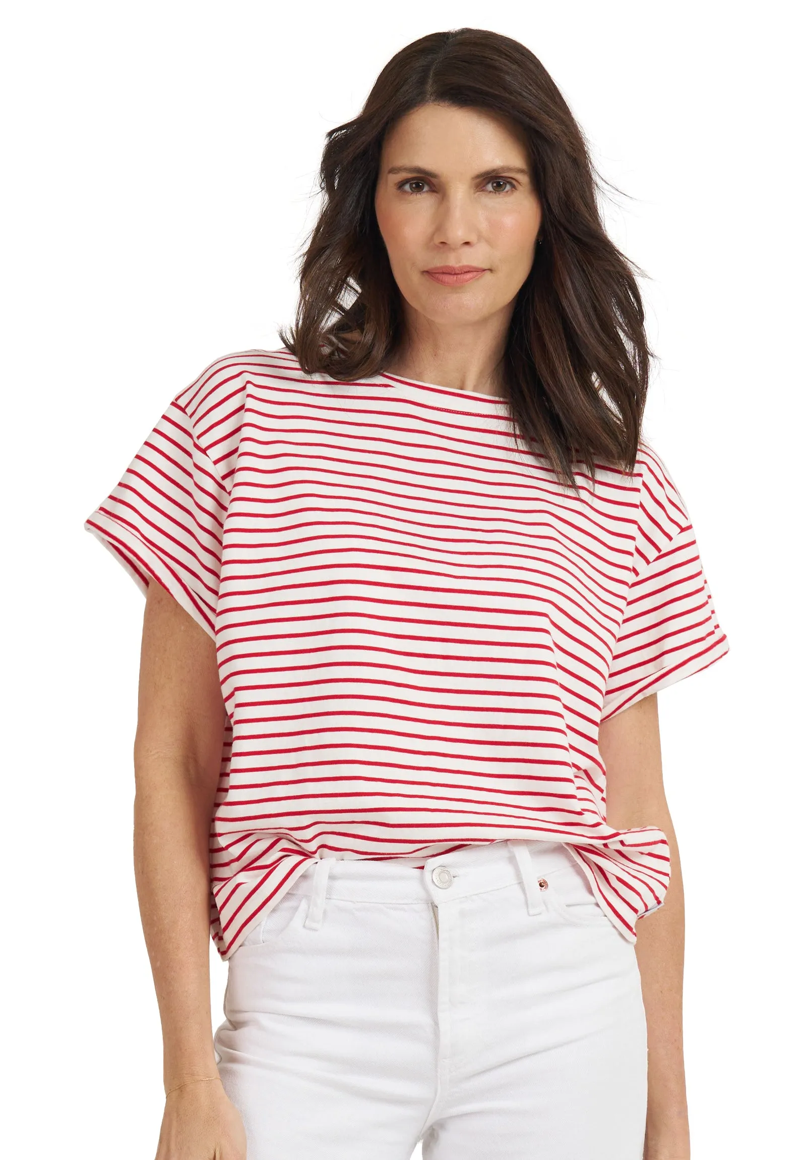 Francy-Cotton Red Stripes Rolled Sleeve T-Shirt