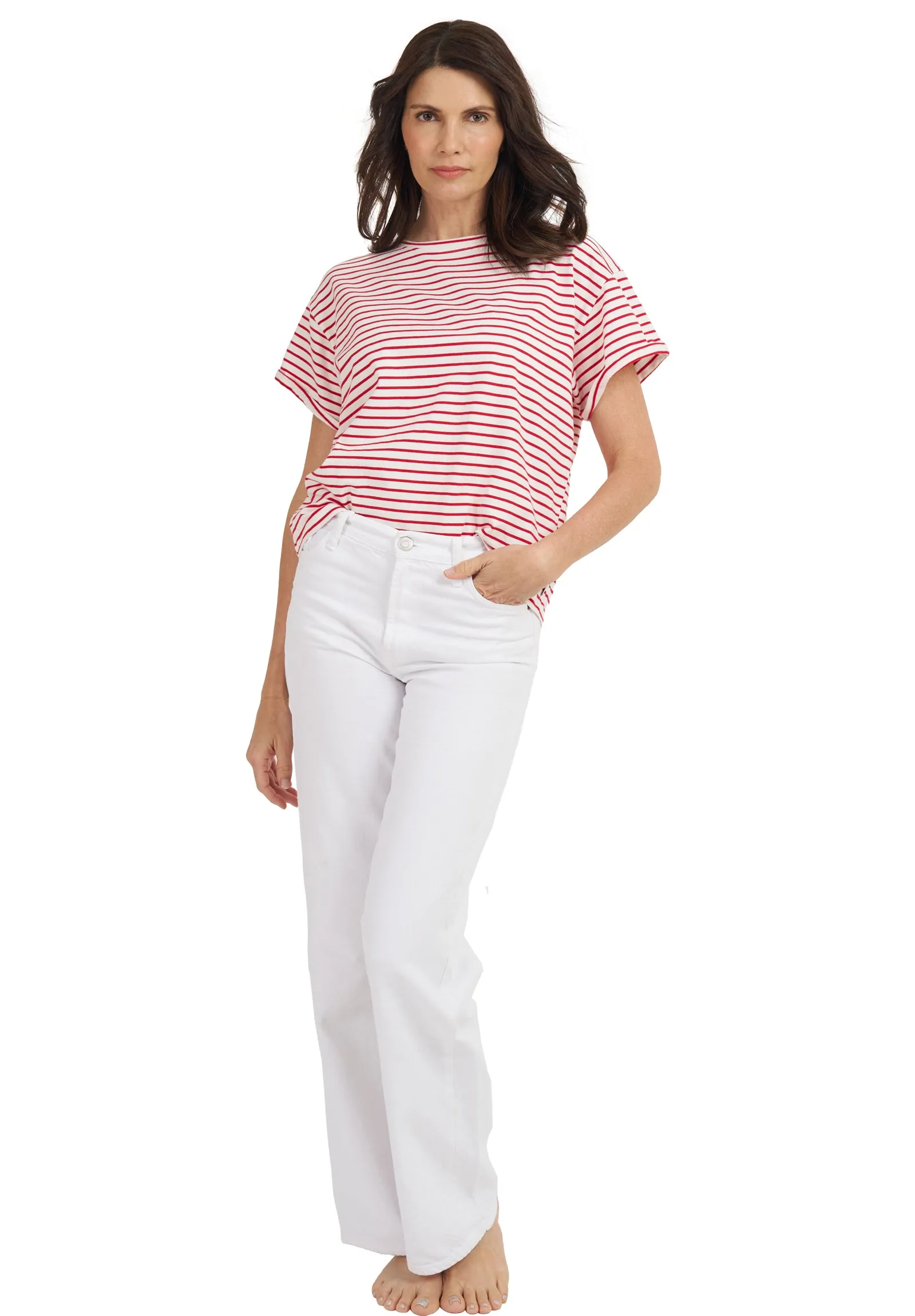 Francy-Cotton Red Stripes Rolled Sleeve T-Shirt