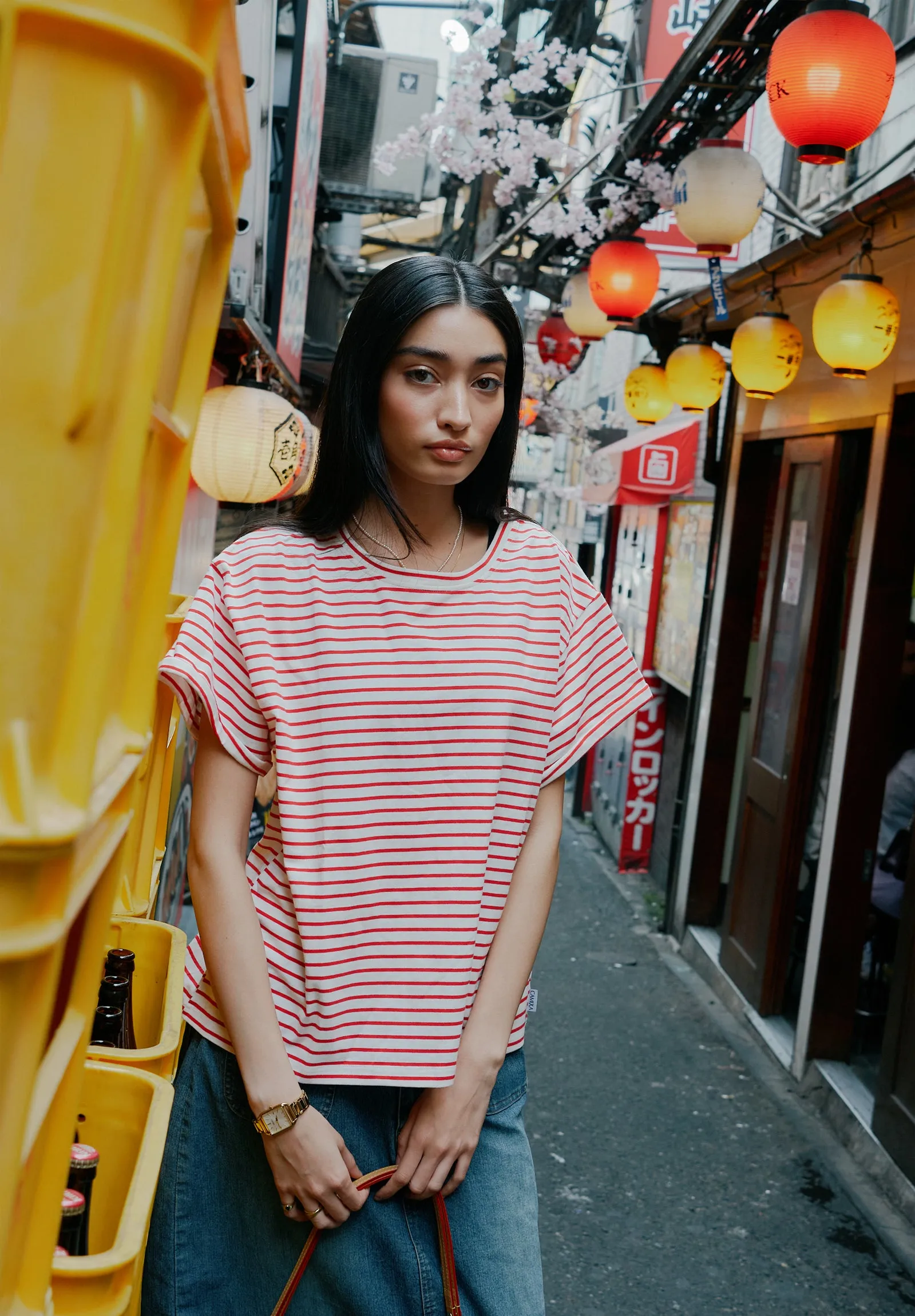 Francy-Cotton Red Stripes Rolled Sleeve T-Shirt