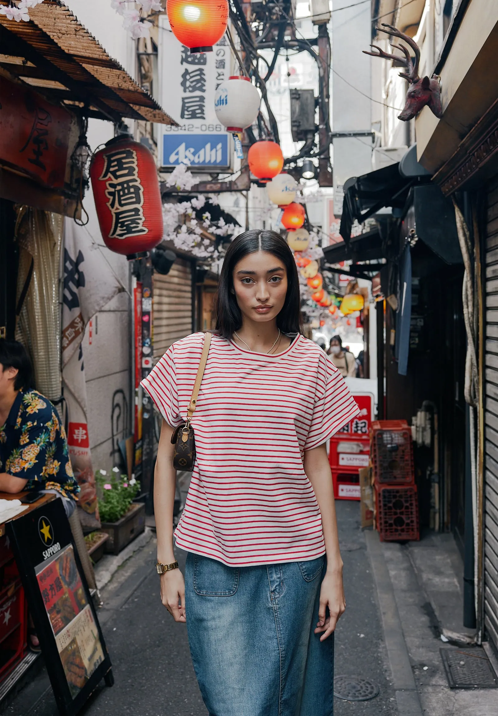 Francy-Cotton Red Stripes Rolled Sleeve T-Shirt