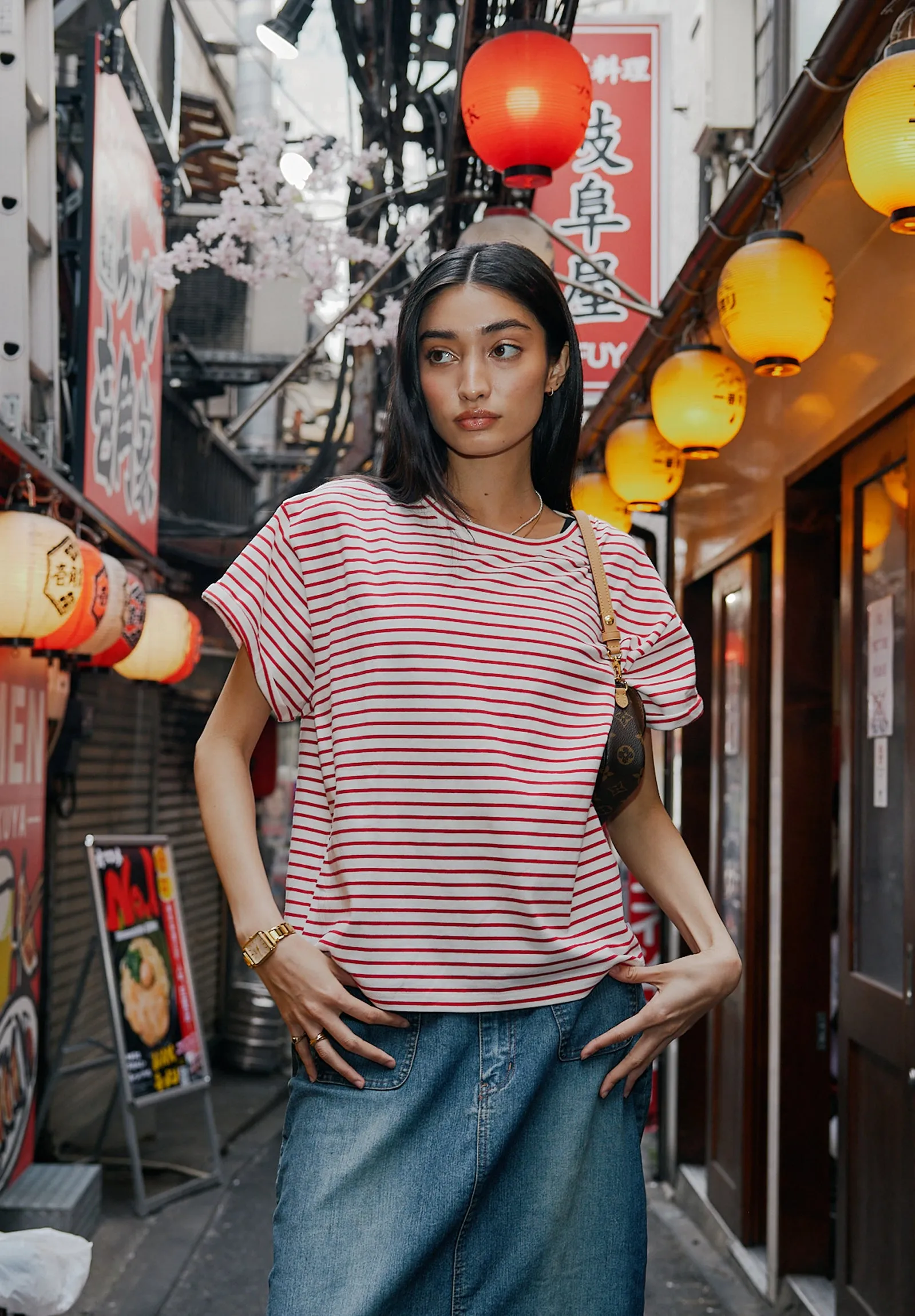 Francy-Cotton Red Stripes Rolled Sleeve T-Shirt