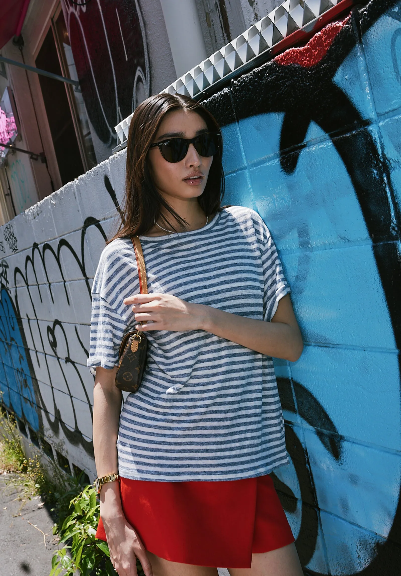 Francy-Linen Denim Stripes Rolled Sleeve T-Shirt