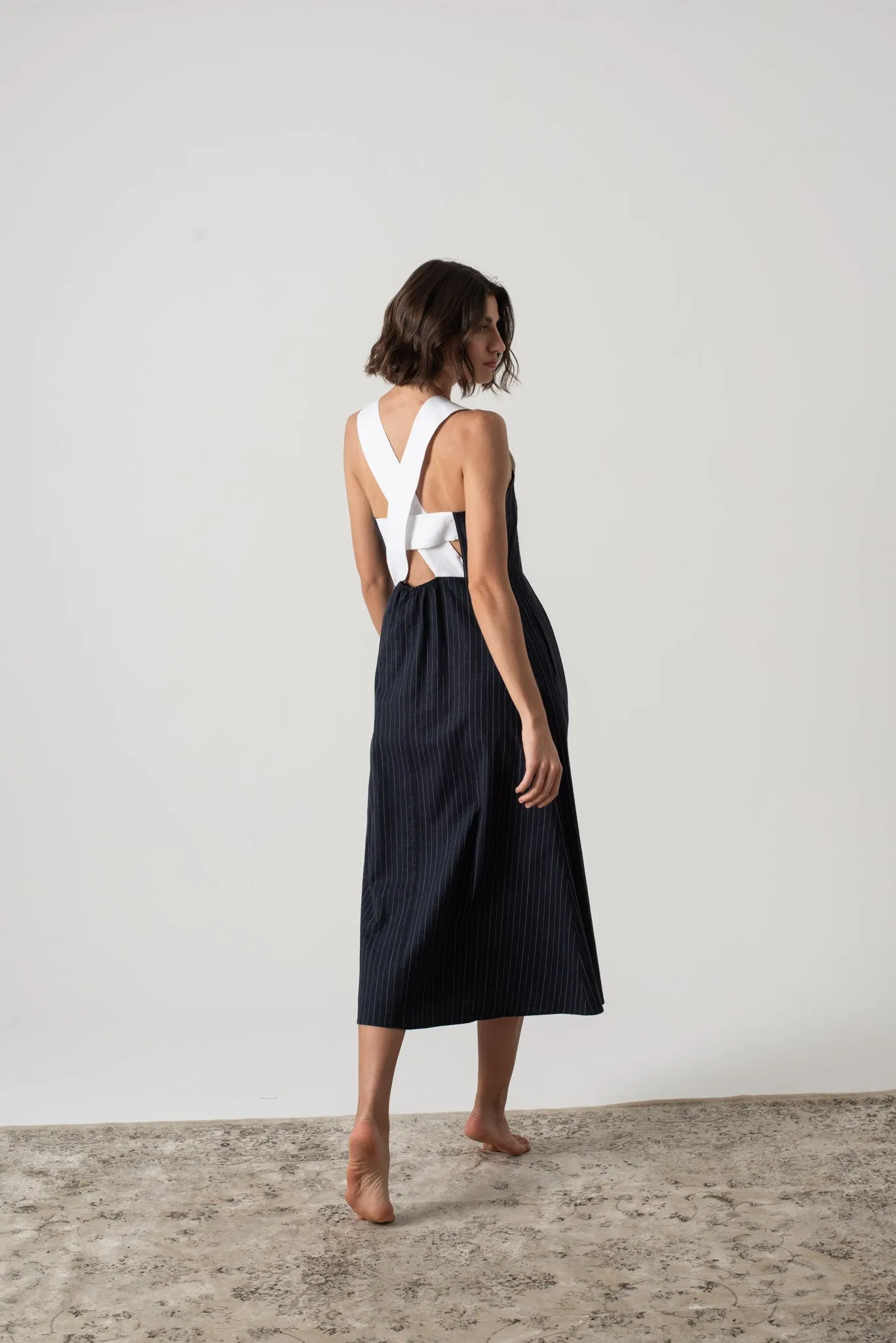 Gessato Linen Midi Dress Navy Pinstripe