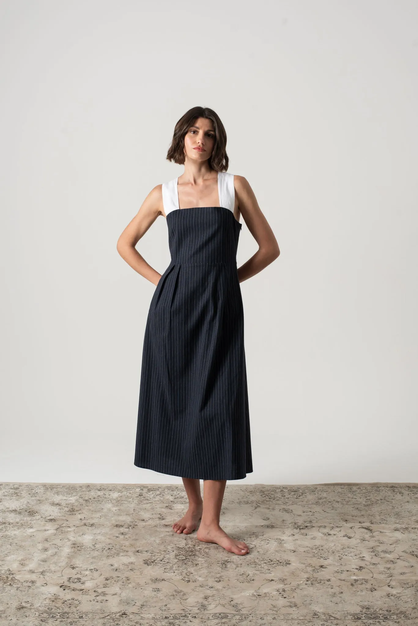 Gessato Linen Midi Dress Navy Pinstripe