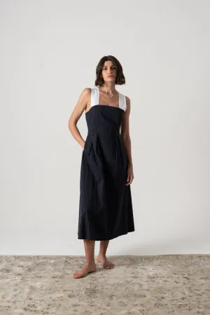 Gessato Linen Midi Dress Navy Pinstripe