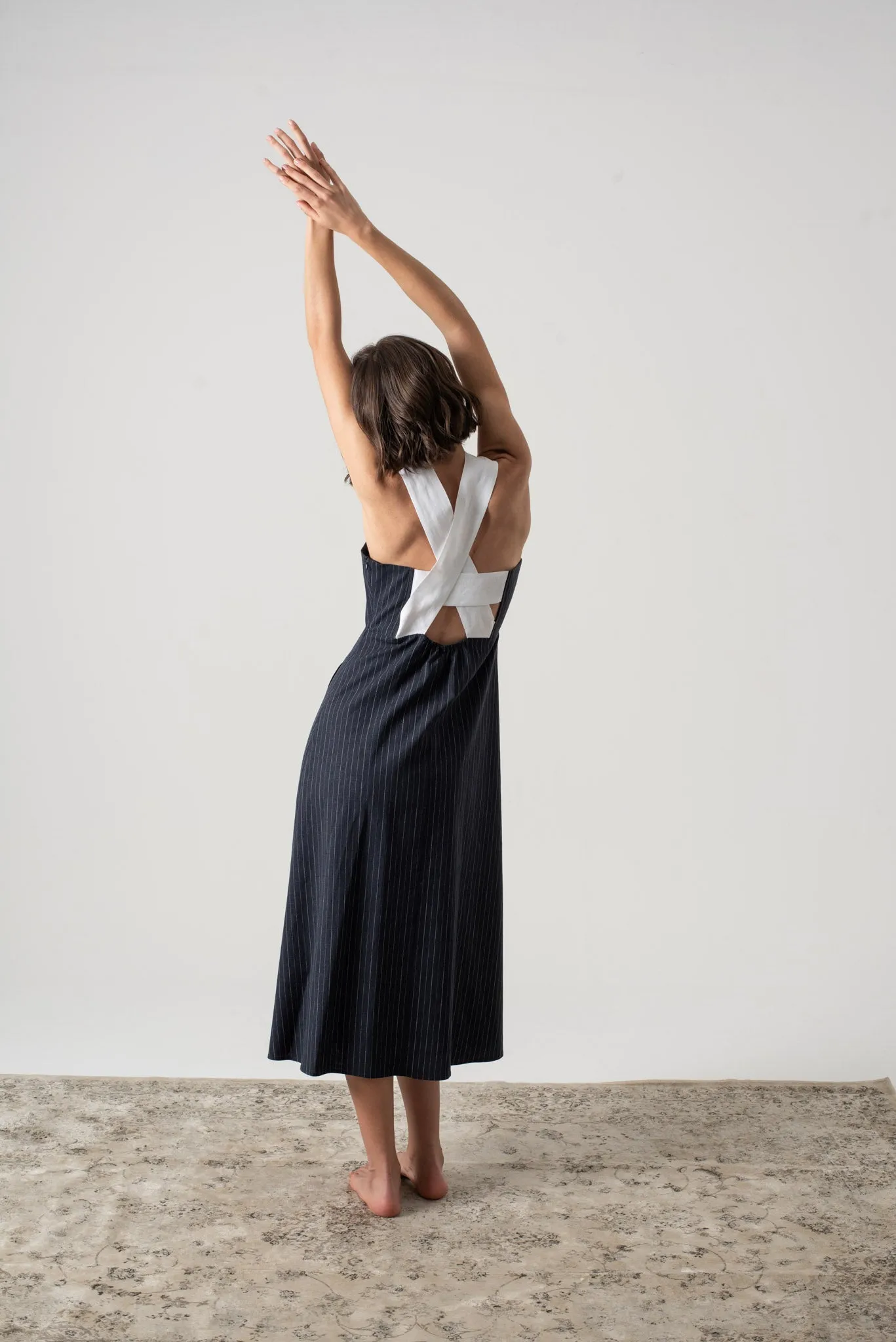 Gessato Linen Midi Dress Navy Pinstripe