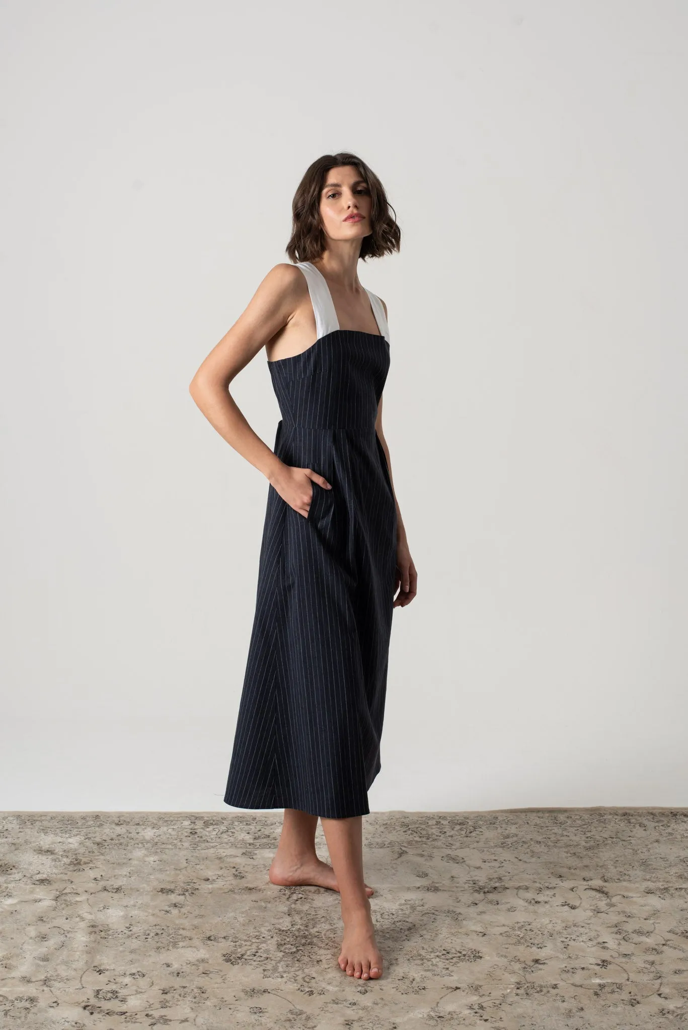 Gessato Linen Midi Dress Navy Pinstripe