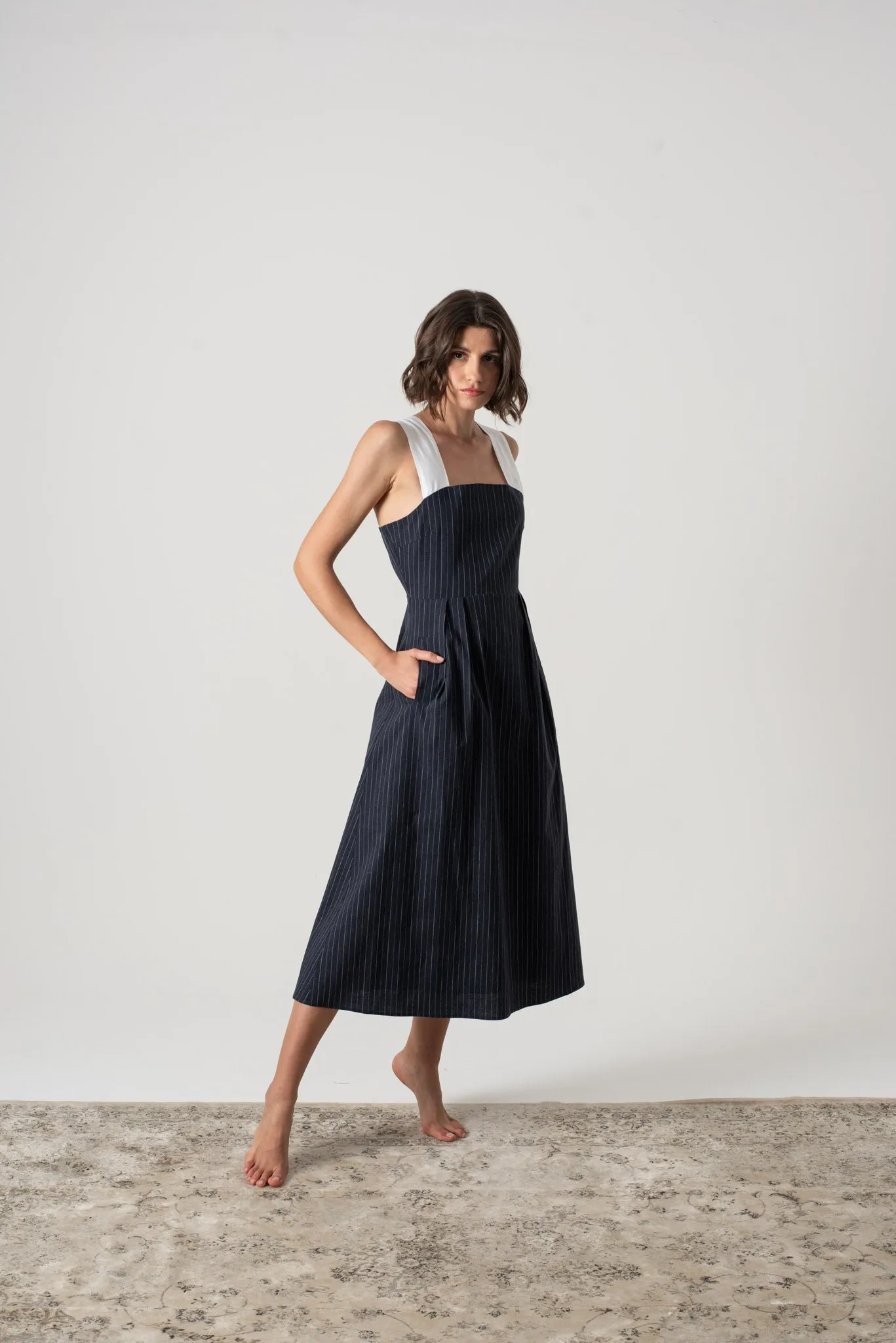 Gessato Linen Midi Dress Navy Pinstripe