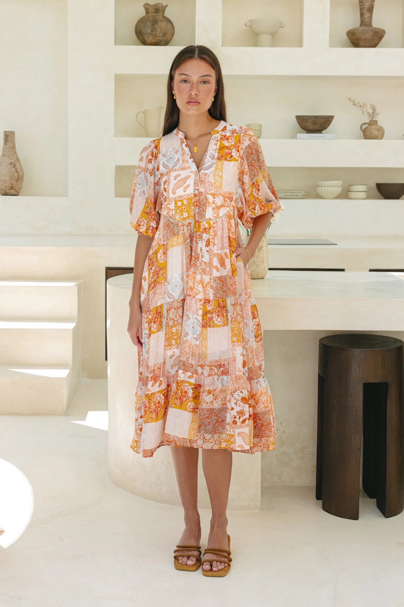 Hestia Orange Boho Button Midi Dress