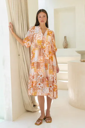 Hestia Orange Boho Button Midi Dress