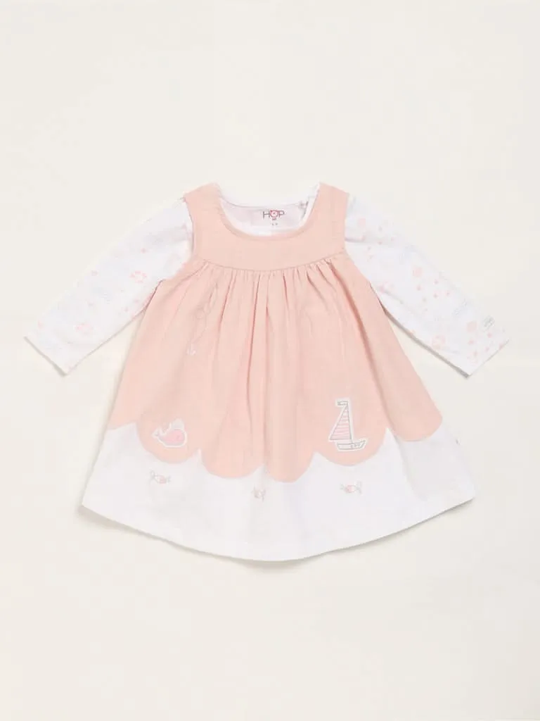 HOP Baby Peach Printed Pinafore & T-Shirt