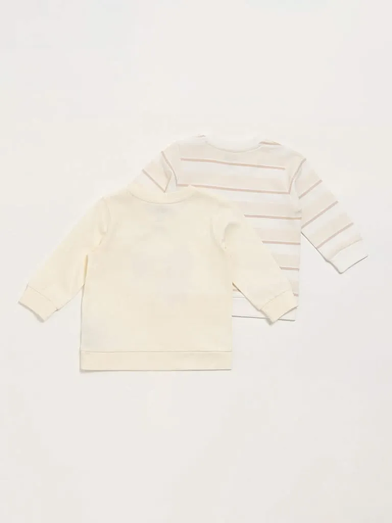 HOP Baby Printed & Striped Beige T-Shirt - Pack of 2