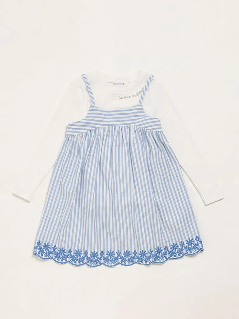 HOP Kids Blue Striped Pinafore Dress with T-Shirt