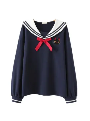 Japan Style Cute Women Sweatshirts Cartoon Cat Embroidery Hoodies Long Sleeve Sailor Collar Sweet Girl Pullovers Tracksuits