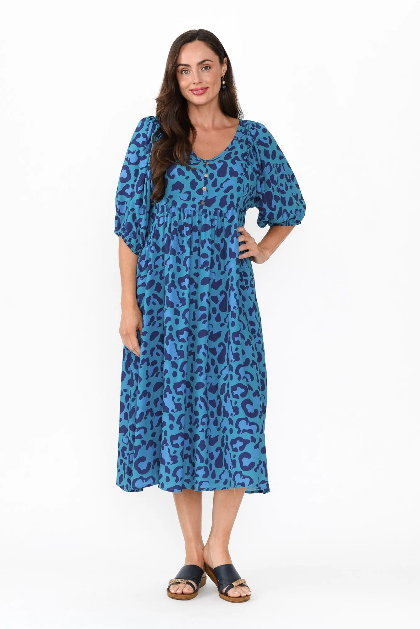 Kacey Blue Leopard Button Dress