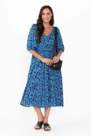 Kacey Blue Leopard Button Dress