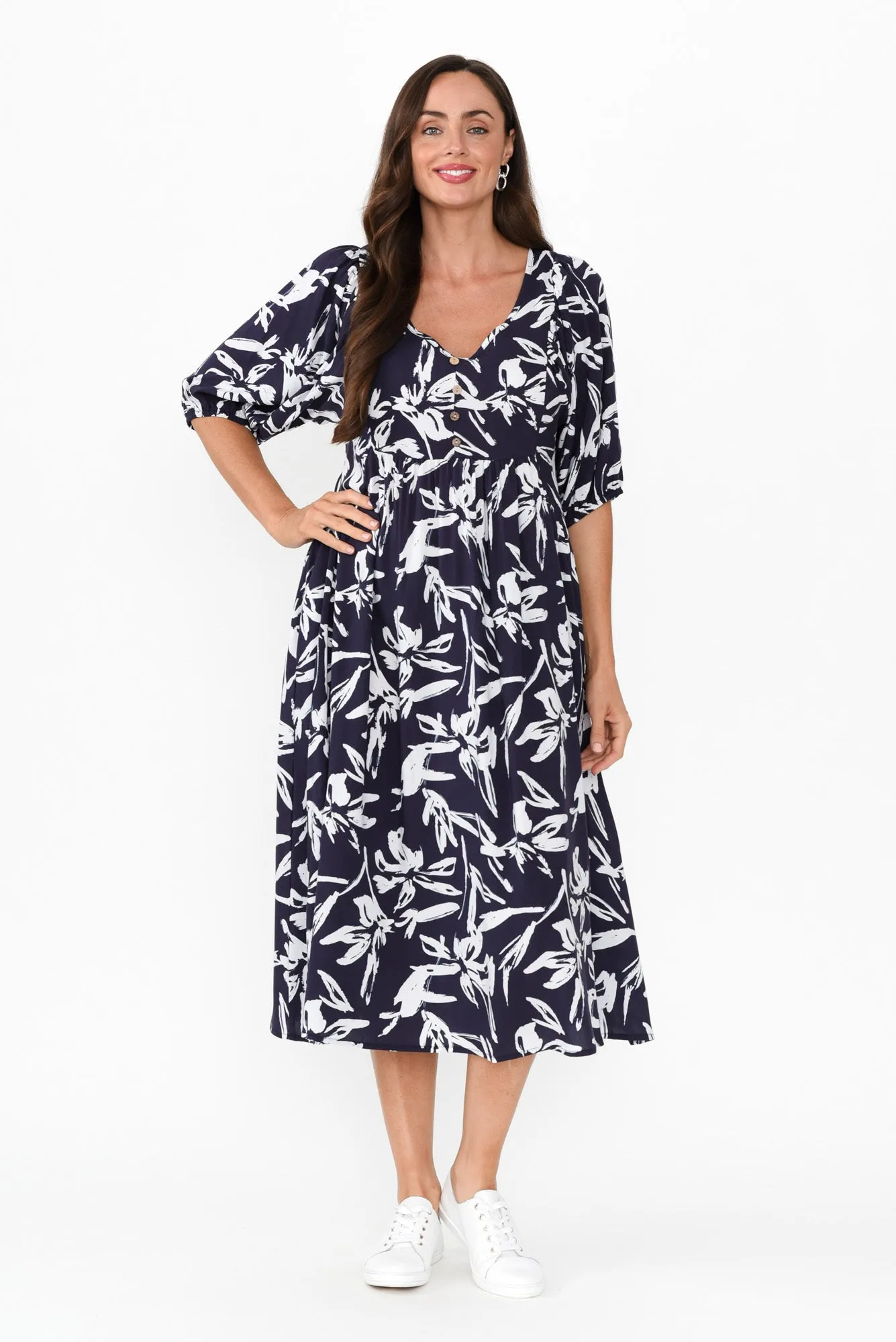 Kacey Navy Floral Button Dress