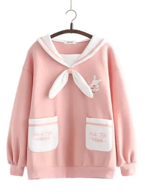 Kawaii Women Sweatshirts Cartoon Print Bow Tops Winter Long Sleeve Sailor Collar Sweet Style Warm Pockets Cute Pullover Top