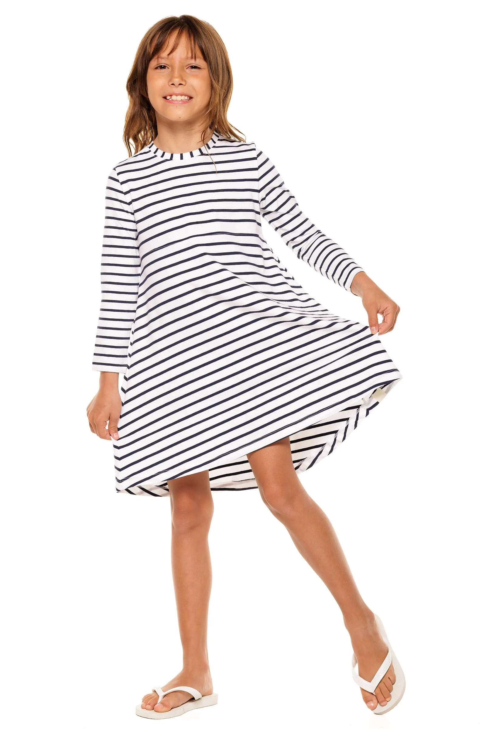 Kid's Lincoln Road High Low Dress  |  White/Navy Stripe