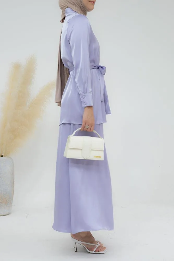 Lavender Blouse Skirt Modest set maxi skirt with elasticated waistband maxi sleeve buttoned shirt with a detachable belt