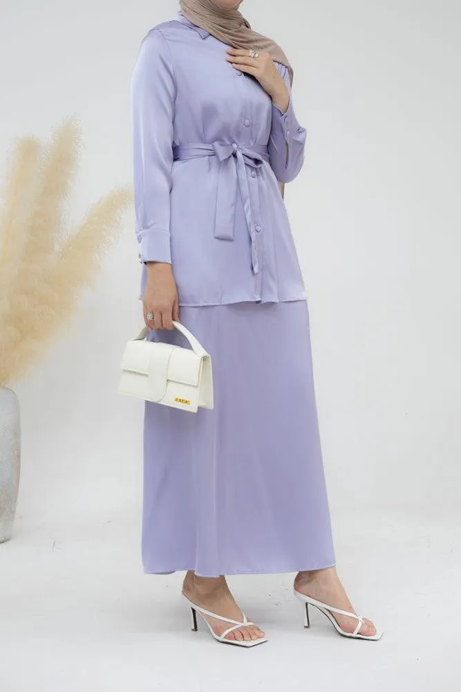 Lavender Blouse Skirt Modest set maxi skirt with elasticated waistband maxi sleeve buttoned shirt with a detachable belt