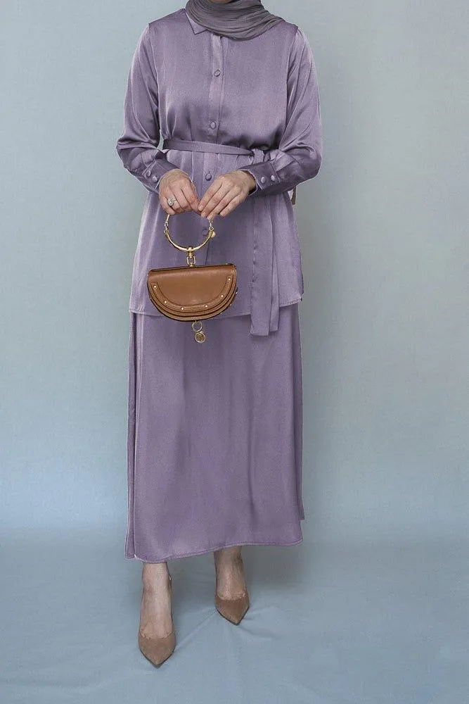 Lavender Blouse Skirt Modest set maxi skirt with elasticated waistband maxi sleeve buttoned shirt with a detachable belt