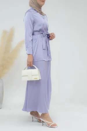 Lavender Blouse Skirt Modest set maxi skirt with elasticated waistband maxi sleeve buttoned shirt with a detachable belt