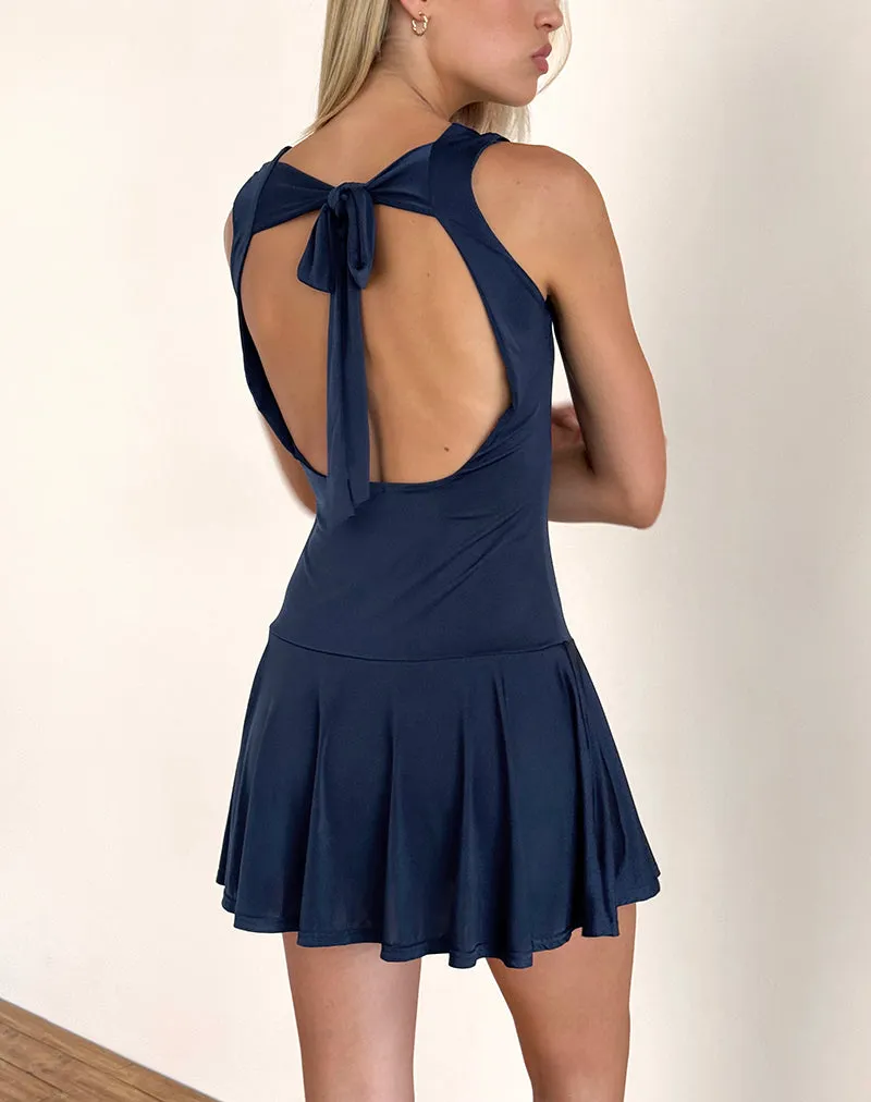 Maisha Open Back Bow Mini Dress in Slinky Navy