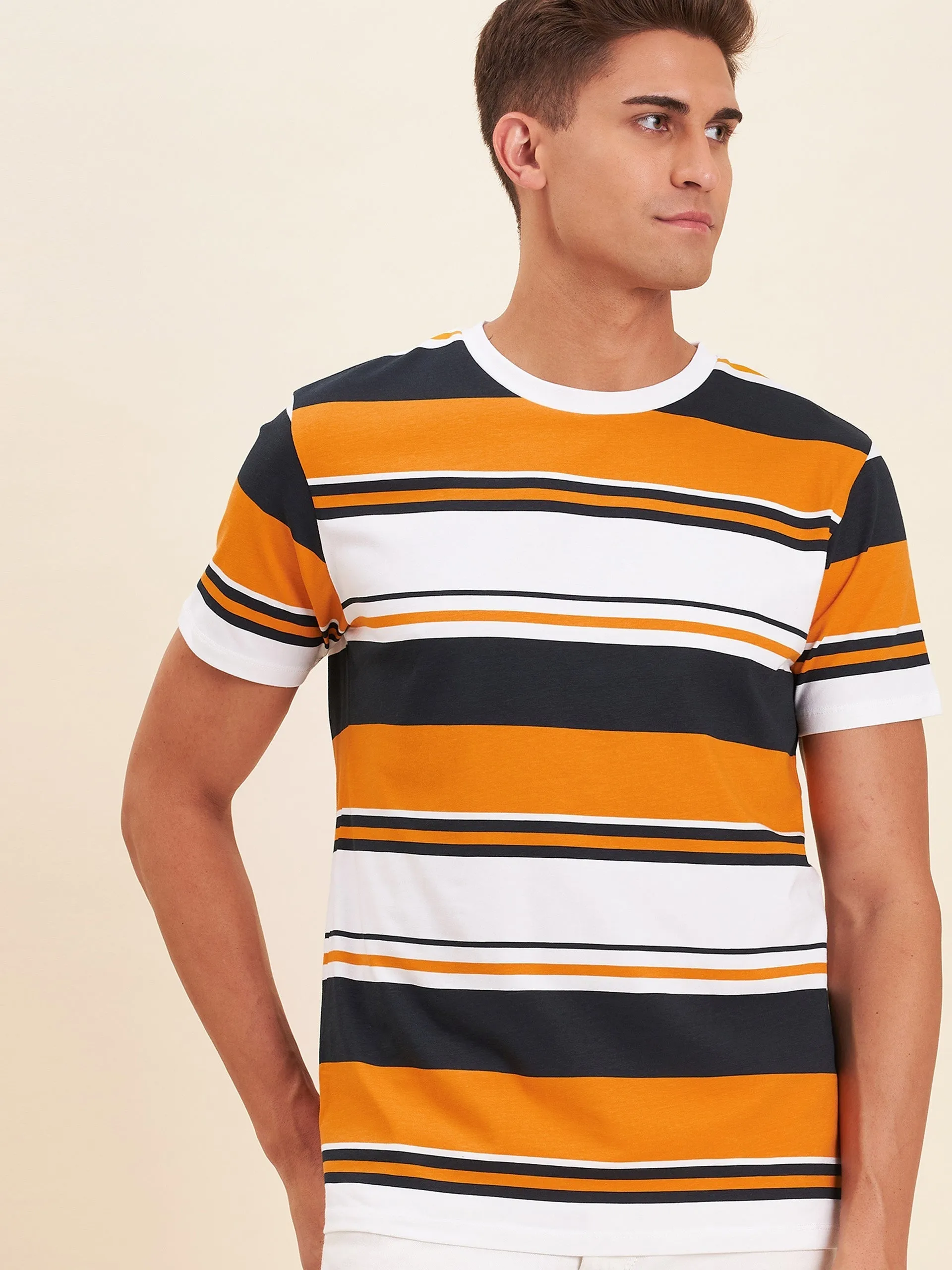 Men Mustard Multi Stripes Cotton T-Shirt