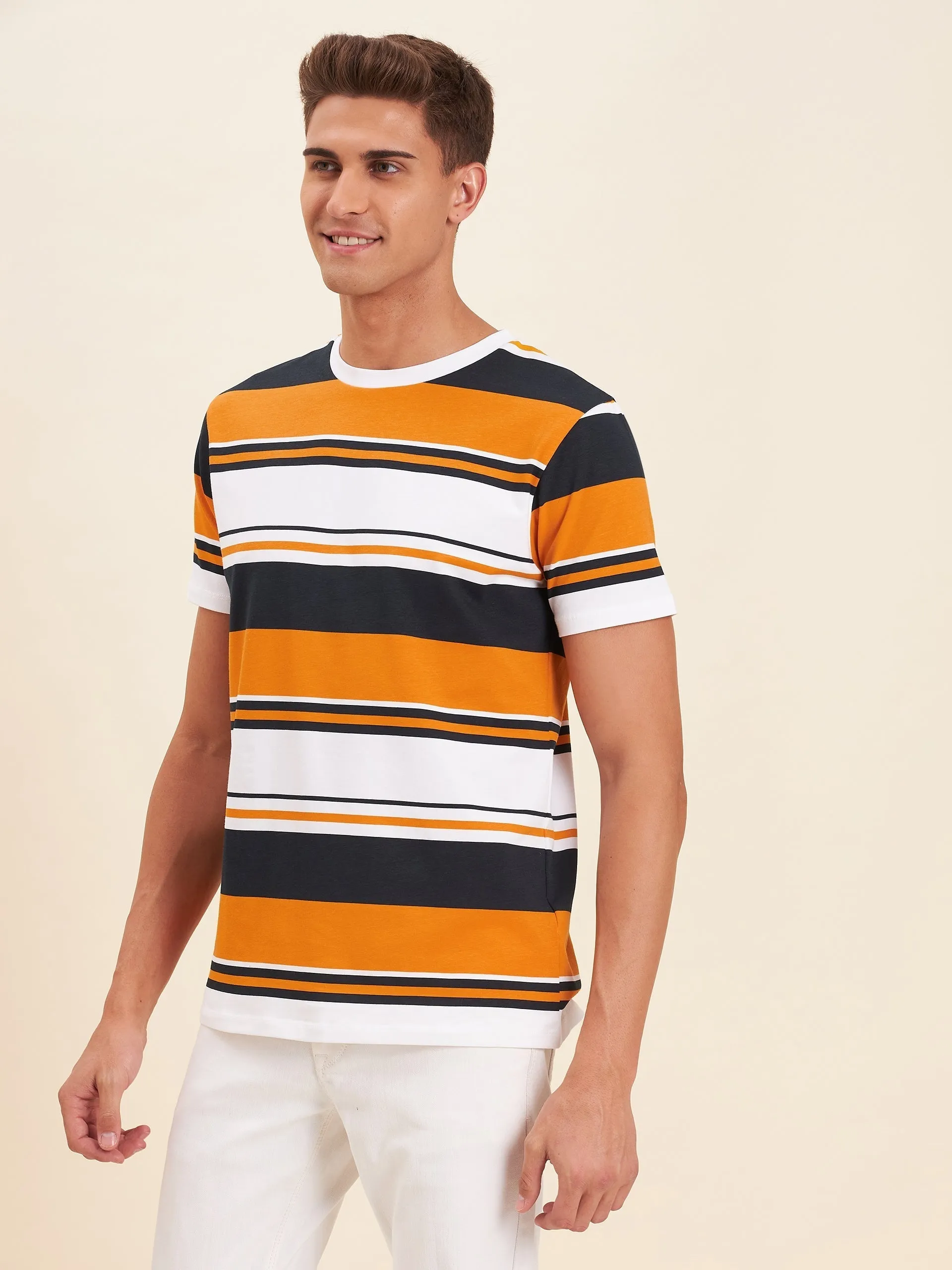 Men Mustard Multi Stripes Cotton T-Shirt