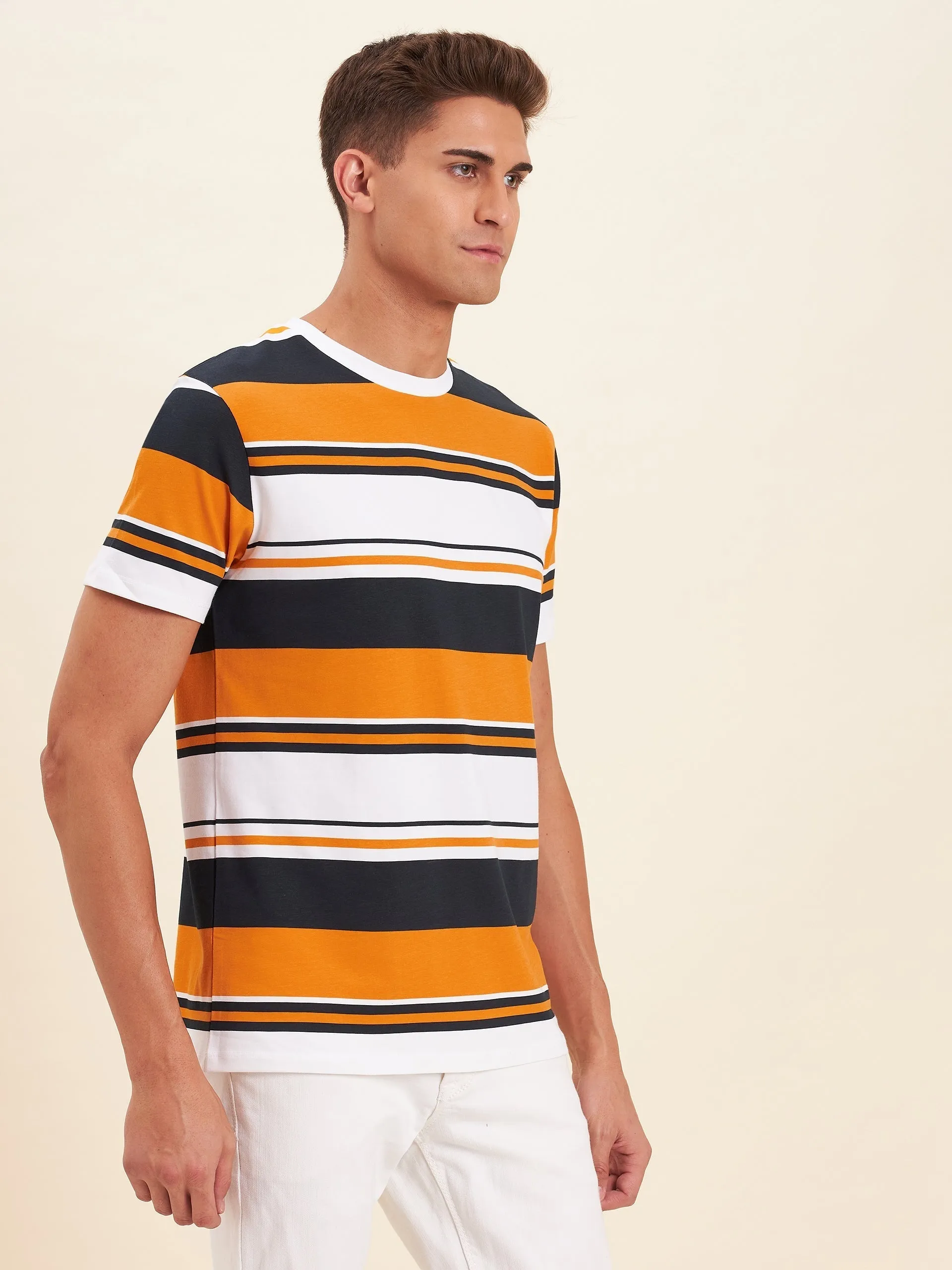 Men Mustard Multi Stripes Cotton T-Shirt