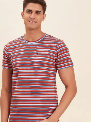 Men's Rust Multi Stripes Zipper Pocket Cotton T-Shirt - LYUSH-MASCLN