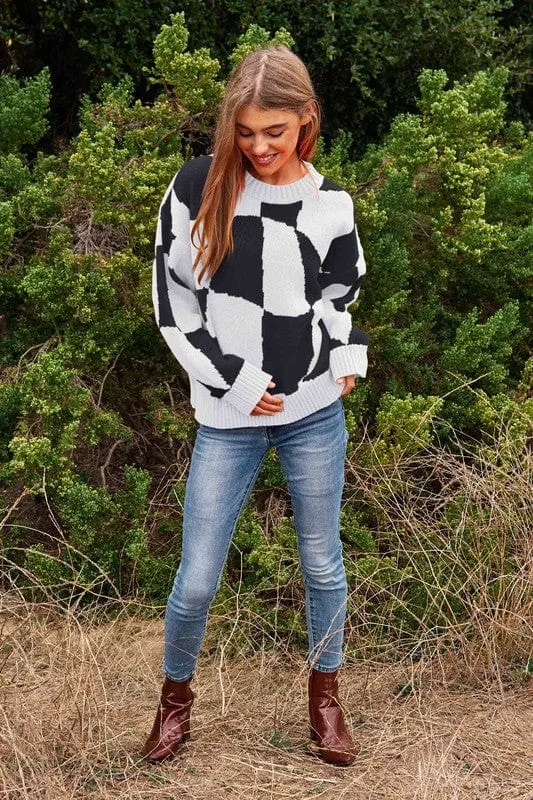 Multi Geo Checker Pullover Knit Sweater Top *Online Only*