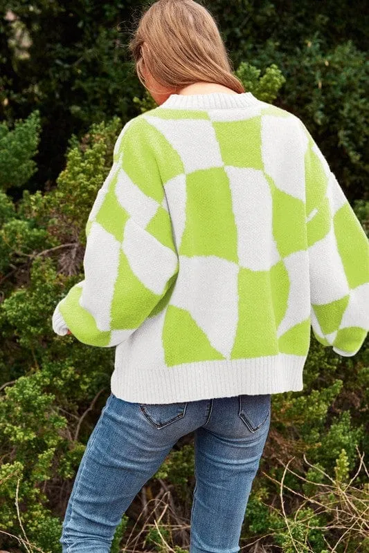 Multi Geo Checker Pullover Knit Sweater Top *Online Only*