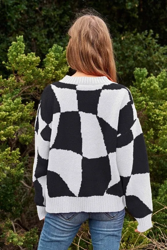 Multi Geo Checker Pullover Knit Sweater Top *Online Only*