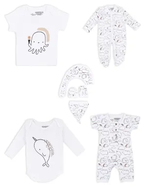 Mush Ultra Soft Bamboo Unisex Fabric Unisex Gift Set For New Born Baby/Kids Pack Of 9, (0-3 Months, Marine Life),White