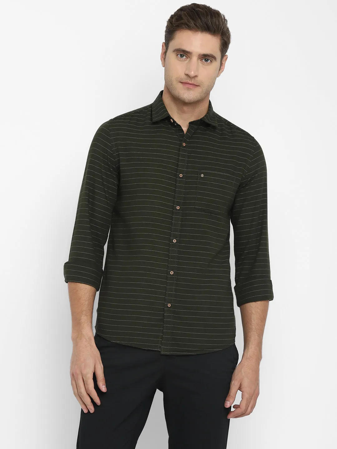 Olive Striped Cotton Slim Fit Shirt