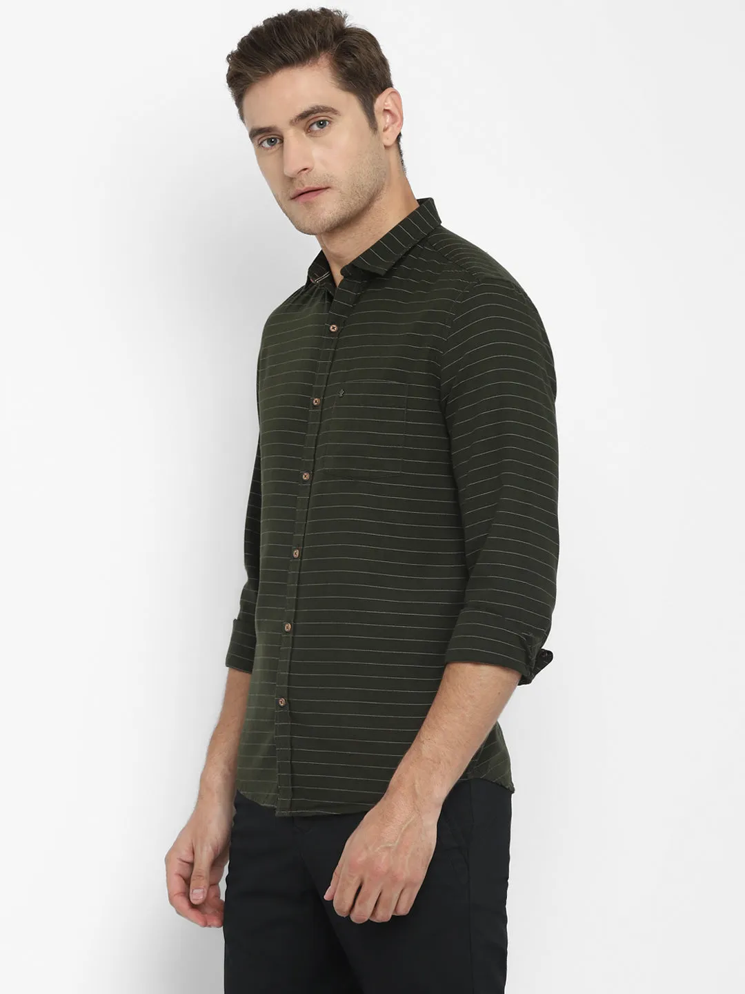 Olive Striped Cotton Slim Fit Shirt