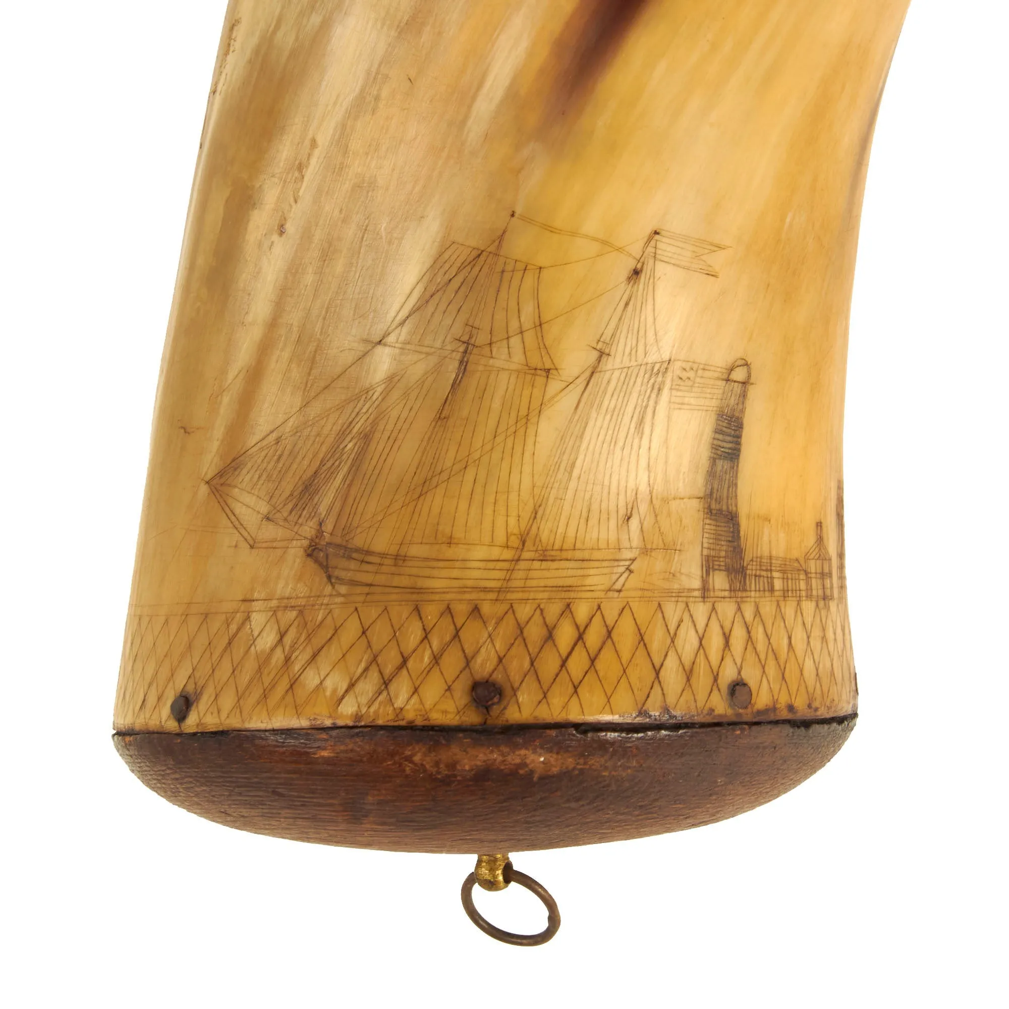 Original Early 19th Century U.S. Large Powder Horn with Carved Ships & U.S. Flag - Possibly for Cannon Priming