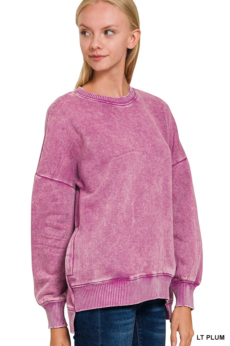 Plum Acid Wash Hi-Low Fleece Pullover